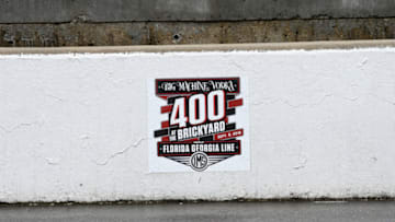 INDIANAPOLIS, IN - SEPTEMBER 09: Rain falls on a Big Machine Vodka 400 at the Brickyard logo before the start of the Monster Energy NASCAR Cup Series Playoff Race on September 9, 2018, at the Indianapolis Motor Speedway in Indianapolis, Indiana. (Photo by Michael Allio/Icon Sportswire via Getty Images)