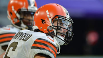 Oct 3, 2021; Minneapolis, Minnesota, USA; Cleveland Browns quarterback Baker Mayfield (6) looks on during the fourth quarter against the Minnesota Vikings at U.S. Bank Stadium. Mandatory Credit: Jeffrey Becker-USA TODAY Sports