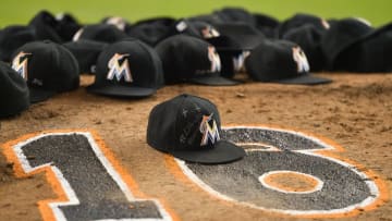 Sep 26, 2016; Miami, FL, USA; Hats of the Miami Marlins lay on the pitchers mound after the game to honor teammate starting pitcher Jose Fernandez at Marlins Park. Mandatory Credit: Jasen Vinlove-USA TODAY Sports