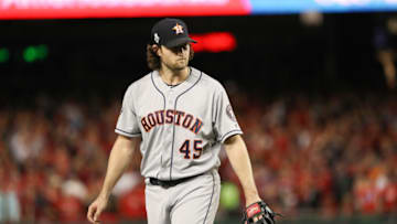WASHINGTON, DC - OCTOBER 27: Gerrit Cole #45 of the Houston Astros reacts after retiring the side in the seventh inning against the Washington Nationals in Game Five of the 2019 World Series at Nationals Park on October 27, 2019 in Washington, DC. (Photo by Patrick Smith/Getty Images)
