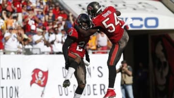 Dec 8, 2013; Tampa, FL, USA; Tampa Bay Buccaneers cornerback Darrelle Revis (24) is congratulated by outside linebacker Lavonte David (54) after he made a sack against the Buffalo Bills during the first half at Raymond James Stadium. Mandatory Credit: Kim Klement-USA TODAY Sports