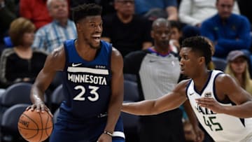 SALT LAKE CITY, UT - NOVEMBER 13: Jimmy Butler #23 of the Minnesota Timberwolves yells while being defended by Donovan Mitchell #45 of the Utah Jazz during the second half of the 109-98 loss by the Jazz at Vivint Smart Home Arena on November 13, 2017 in Salt Lake City, Utah. (Photo by Gene Sweeney Jr./Getty Images)