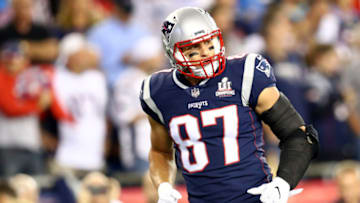 BOSTON, MA - SEPTEMBER 7: Rob Gronkowski #87 of the New England Patriots looks on before the game against the Kansas City Chiefs at Gillette Stadium on September 7, 2017 in Foxboro, Massachusetts. (Photo by Maddie Meyer/Getty Images)