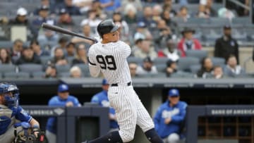 NEW YORK, NEW YORK - APRIL 20: Aaron Judge #99 of the New York Yankees follows throughon a sixth inning single against the Kansas City Royals at Yankee Stadium on April 20, 2019 in New York City. (Photo by Jim McIsaac/Getty Images)