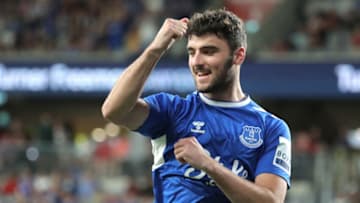 SYDNEY, AUSTRALIA - NOVEMBER 23: Tom Cannon of Everton celebrates after scoring a goal during the Sydney Super Cup match between Everton and the Western Sydney Wanderers at CommBank Stadium on November 23, 2022 in Sydney, Australia. (Photo by Jeremy Ng/Getty Images)