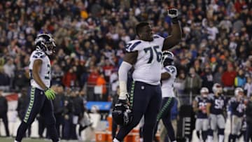 Nov 13, 2016; Foxborough, MA, USA; Seattle Seahawks offensive guard Germain Ifedi (76) reacts after defeating the New England Patriots at Gillette Stadium. Seattle Seahawks defeated the Patriots 31-24. Mandatory Credit: David Butler II-USA TODAY Sports