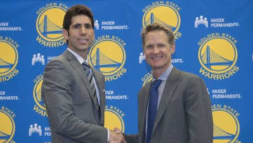 May 20, 2014; Oakland, CA, USA; Steve Kerr (right) poses for a photo with Golden State Warriors general manager Bob Myers (left) in a press conference after naming Kerr as the new head coach for the Warriors at the Warriors Practice Facility. Mandatory Credit: Kyle Terada-USA TODAY Sports