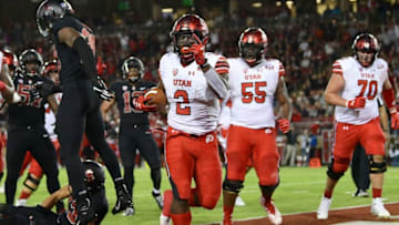 PALO ALTO, CA - OCTOBER 06: Zack Moss #2 of the Utah Utes scores a touchdown against the Stanford Cardinal during the first quarter of their NCAA football game at Stanford Stadium on October 6, 2018 in Palo Alto, California. (Photo by Thearon W. Henderson/Getty Images)