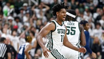 Michigan State's A.J. Hoggard celebrates after scoring against Butler during the second half on Friday, Nov. 17, 2023, in East Lansing.