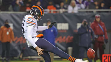 CHICAGO, ILLINOIS - DECEMBER 20: Pat O'Donnell #16 of the Chicago Bears punts against the Minnesota Vikings at Soldier Field on December 20, 2021 in Chicago, Illinois. The Vikings defeated the Bears 17-9. (Photo by Jonathan Daniel/Getty Images)