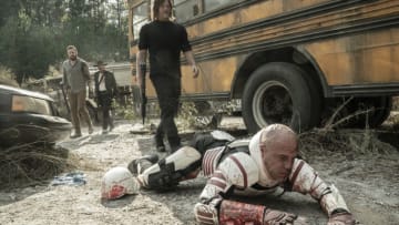 Matt Bushell as Trooper Romano, Norman Reedus as Daryl Dixon, Ross Marquand as Aaron, Seth Gilliam as Father Gabriel Stokes - The Walking Dead _ Season 11, Episode 16 - Photo Credit: Jace Downs/AMC