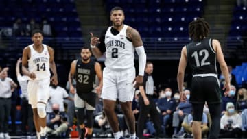 Dec 8, 2021; University Park, Pennsylvania, USA; Penn State Nittany Lions guard Sam Sessoms (3) gestures after shooting a three pointer during the second half against the Wagner Seahawks at Bryce Jordan Center. Penn State defeated Wagner 74-54. Mandatory Credit: Matthew OHaren-USA TODAY Sports