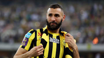 JEDDAH, SAUDI ARABIA - JUNE 08: Karim Benzema looks on as they are presented to the crowd during the Karim Benzema Official Reception event at King Abdullah Sports City on June 08, 2023 in Jeddah, Saudi Arabia. (Photo by Yasser Bakhsh/Getty Images)