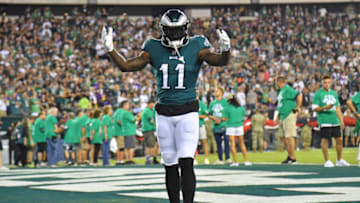 Sep 19, 2022; Philadelphia, Pennsylvania, USA; Philadelphia Eagles wide receiver A.J. Brown (11) in the end zone before game against the Minnesota Vikings at Lincoln Financial Field. Mandatory Credit: Eric Hartline-USA TODAY Sports