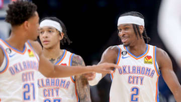 Shai Gilgeous-Alexander #2, Aaron Wiggins #21 and Tre Mann #23 of the Oklahoma City Thunder (Photo by Ian Maule/Getty Images)