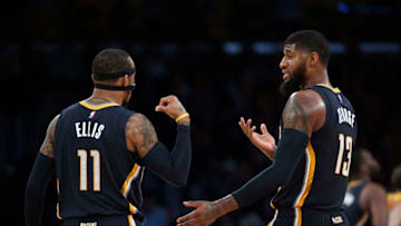 LOS ANGELES, CA - JANUARY 20: Paul George #13 and Monta Ellis #11 of the Indiana Pacers talk at mid court during the second half of the basketball game against Los Angeles Lakers at Staples Center January 20 2017, in Los Angeles, California. Lakers defeated the Pacers, 108-96. NOTE TO USER: User expressly acknowledges and agrees that, by downloading and or using this photograph, User is consenting to the terms and conditions of the Getty Images License Agreement. (Photo by Kevork Djansezian/Getty Images)