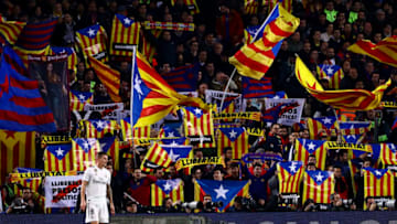 FC Barcelona fans with esteladas flags during semifinal of spanish King Cup frist leg match between FC Barcelona and Real Madrid at Nou Camp Stadium on February 6, 2019.(Photo by Jose Miguel Fernandez/NurPhoto via Getty Images)