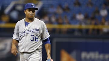 Aug 3, 2016; St. Petersburg, FL, USA; Kansas City Royals starting pitcher Edinson Volquez (36) at Tropicana Field. Mandatory Credit: Kim Klement-USA TODAY Sports