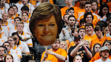 KNOXVILLE, TN - JANUARY 21: Tennessee Volunteers fans hold up a cardboard photo of women's basketball coach Pat Summitt during the game against the Connecticut Huskies at Thompson-Boling Arena on January 21, 2012 in Knoxville, Tennessee. Tennessee defeated Connecticut 60-57. (Photo by Joe Robbins/Getty Images)