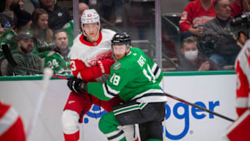 Nov 16, 2021; Dallas, Texas, USA; Detroit Red Wings defenseman Moritz Seider (53) and Dallas Stars left wing Michael Raffl (18) look for the puck during the second period at the American Airlines Center. Mandatory Credit: Jerome Miron-USA TODAY Sports