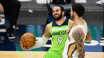 Ricky Rubio #9 of the Minnesota Timberwolves reacts to being fouled by Lonzo Ball #2 of the New Orleans Pelicans(Photo by Hannah Foslien/Getty Images)