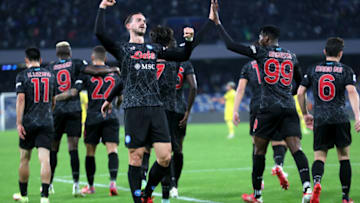 NAPLES, ITALY - OCTOBER 28: Fabian Ruiz of SSC Napoli celebrates with team mates after scores his Opening Goal ,during the Serie A match between SSC Napoli and Bologna FC at Stadio Diego Armando Maradona on October 28, 2021 in Naples, Italy. (Photo by MB Media/Getty Images )