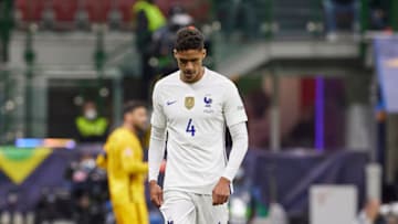 MILAN, ITALY - OCTOBER 10: Raphael Varane of France looks dejected during the UEFA Nations League 2021 Final match between Spain and France at the Giuseppe Meazza Stadium on October 10, 2021 in Milan, Italy. (Photo by Emmanuele Ciancaglini/CPS Images/Getty Images)