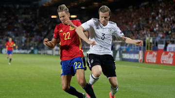 KRAKOW, POLAND - JUNE 30: Marcos Llorente of Spain and Yannick Gerhardt of Germany in action during the UEFA European Under-21 Championship Final between Germany and Spain at Krakow Stadium on June 30, 2017 in Krakow, Poland. (Photo by Nils Petter Nilsson/Ombrello/Getty Images)