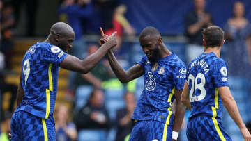 LONDON, ENGLAND - MAY 07: Romelu Lukaku celebrates with Antonio Ruediger of Chelsea after scoring their team's second goal during the Premier League match between Chelsea and Wolverhampton Wanderers at Stamford Bridge on May 07, 2022 in London, England. (Photo by Eddie Keogh/Getty Images)
