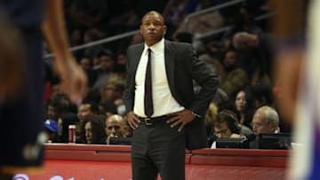 Oct 10, 2016; Los Angeles, CA, USA; Los Angeles Clippers head coach Doc Rivers looks on during the third quarter against the Utah Jazz at Staples Center. The Utah Jazz won 96-94. Mandatory Credit: Kelvin Kuo-USA TODAY Sports