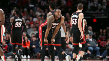 PORTLAND, OREGON - FEBRUARY 09: Andre Iguodala #28 of the Miami Heat reacts in the fourth quarter against the Portland Trail Blazers during their game at Moda Center on February 09, 2020 in Portland, Oregon. NOTE TO USER: User expressly acknowledges and agrees that, by downloading and or using this photograph, User is consenting to the terms and conditions of the Getty Images License Agreement. (Photo by Abbie Parr/Getty Images)