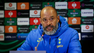 ARNHEM, NETHERLANDS - OCTOBER 21: Coach of Tottenham Hotspur Nuno Espirito Santo answers to the media during the post-match press conference following the UEFA Europa Conference League group G match between Vitesse Arnhem and Tottenham Hotspur at Gelredome stadium on October 21, 2021 in Arnhem, Netherlands. (Photo by John Berry/Getty Images)