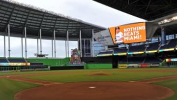 Nov 19, 2014; Miami, FL, USA; The jumbotron shows a photo of Miami Marlins right fielder Giancarlo Stanton after a press conference at Marlins Park. Mandatory Credit: Steve Mitchell-USA TODAY Sports