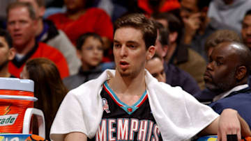 WASHINGTON, DC - APRIL 5 : Pau Gasol #16 of the Memphis Grizzlies watches the game against the Washington Wizards on April 5, 2002 at the MCI Center in Washington DC. NOTE TO USER: User expressly acknowledges and agrees that, by downloading and or using this photograph, User is consenting to the terms and conditions of the Getty Images License Agreement. (Photo by G Fiume/Getty Images)