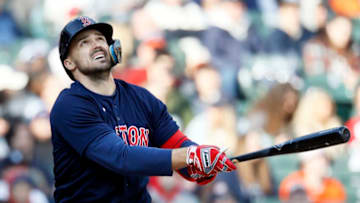 DETROIT, MI - APRIL 8: Adam Duvall #18 of the Boston Red Sox hits a double against the Detroit Tigers during the eighth inning at Comerica Park on April 8, 2023, in Detroit, Michigan. Duval scored in the inning on a single by Alex Verdugo. (Photo by Duane Burleson/Getty Images)