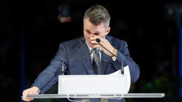 TAMPA, FL - JANUARY 13: Former Tampa Bay Lightning Martin St. Louis chokes up while remembering his late mother during a ceremony to retire his number 26 at the Amalie Arena on January 13, 2017 in Tampa, Florida. (Photo by Mike Carlson/Getty Images)