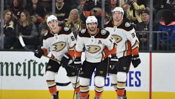 LAS VEGAS, NEVADA - OCTOBER 27: Adam Henrique #14 of the Anaheim Ducks celebrates after scoring a goal during the third period against the Vegas Golden Knights at T-Mobile Arena on October 27, 2019 in Las Vegas, Nevada. (Photo by David Becker/NHLI via Getty Images)