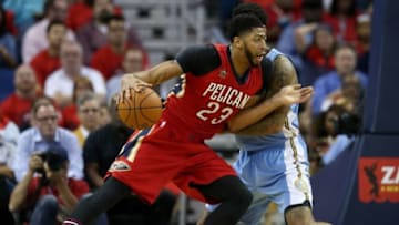 Oct 26, 2016; New Orleans, LA, USA; New Orleans Pelicans forward Anthony Davis (23) is defended by Denver Nuggets forward Wilson Chandler (21) in the first quarter at the Smoothie King Center. Mandatory Credit: Chuck Cook-USA TODAY Sports