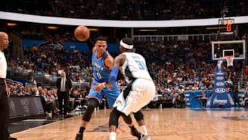 ORLANDO, FL - MARCH 29: Russell Westbrook #0 of the Oklahoma City Thunder handles the ball against the Orlando Magic on March 29, 2017 at Amway Center in Orlando, Florida. NOTE TO USER: User expressly acknowledges and agrees that, by downloading and or using this photograph, User is consenting to the terms and conditions of the Getty Images License Agreement. Mandatory Copyright Notice: Copyright 2017 NBAE (Photo by Gary Bassing/NBAE via Getty Images)