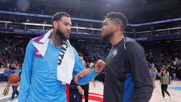 SACRAMENTO, CA - FEBRUARY 26: Willie Cauley-Stein #00 of the Sacramento Kings greets Karl-Anthony Towns #32 of the Minnesota Timberwolves after the game on February 26, 2018 at Golden 1 Center in Sacramento, California. NOTE TO USER: User expressly acknowledges and agrees that, by downloading and or using this photograph, User is consenting to the terms and conditions of the Getty Images Agreement. Mandatory Copyright Notice: Copyright 2018 NBAE (Photo by Rocky Widner/NBAE via Getty Images)