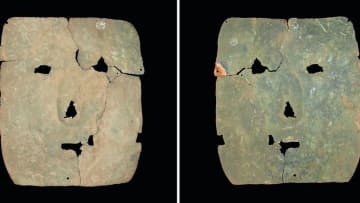 The front (left) and back (right) of a 3000-year-old copper mask. Small holes near the edges suggest the mask could have been attached with threads. Someone tried to repair the fracture near the left eye—note the holes near it.