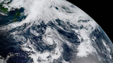 Two tropical cyclones orbiting around each other in the northwestern Pacific Ocean on July 25, 2017.