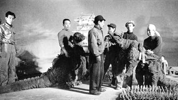Haruo Nakajima (second from left) during the filming of Godzilla Raids Again (1955).