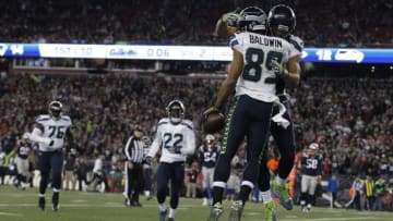 Nov 13, 2016; Foxborough, MA, USA; Seattle Seahawks wide receiver Doug Baldwin (89) celebrates with wide receiver Jermaine Kearse (15) after his touchdown against the New England Patriots in the second quarter at Gillette Stadium. Mandatory Credit: David Butler II-USA TODAY Sports