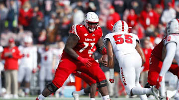 LOUISVILLE, KY - NOVEMBER 17: Mekhi Becton #73 of the Louisville Cardinals blocks against the North Carolina State Wolfpack during the game at Cardinal Stadium on November 17, 2018 in Louisville, Kentucky. (Photo by Joe Robbins/Getty Images)