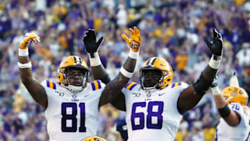 BATON ROUGE, LOUISIANA - AUGUST 31: Guard Damien Lewis (68) of the LSU Tigers. (Photo by Marianna Massey/Getty Images)