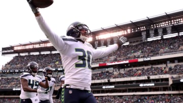 PHILADELPHIA, PENNSYLVANIA - NOVEMBER 24: Bradley McDougald #30 of the Seattle Seahawks celebrates after intercepting a second quarter pass against the Philadelphia Eagles at Lincoln Financial Field on November 24, 2019 in Philadelphia, Pennsylvania. (Photo by Mitchell Leff/Getty Images)