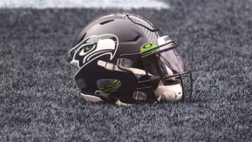 SEATTLE, WASHINGTON - DECEMBER 13: A general view of a Seattle Seahawks helmet before a game against the New York Jets at CenturyLink Field on December 13, 2020 in Seattle, Washington. (Photo by Abbie Parr/Getty Images)