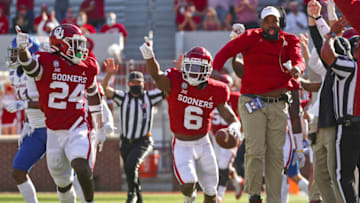 Nov 7, 2020; Norman, Oklahoma, USA; Oklahoma Sooners cornerback Tre Brown (6) reacts after making an interception during the first half against the Kansas Jayhawks at Gaylord Family-Oklahoma Memorial Stadium. Mandatory Credit: Kevin Jairaj-USA TODAY Sports