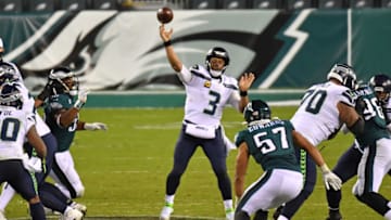 Nov 30, 2020; Philadelphia, Pennsylvania, USA; Seattle Seahawks quarterback Russell Wilson (3) throws a pass against the Philadelphia Eagles during the third quarter at Lincoln Financial Field. Mandatory Credit: Eric Hartline-USA TODAY Sports
